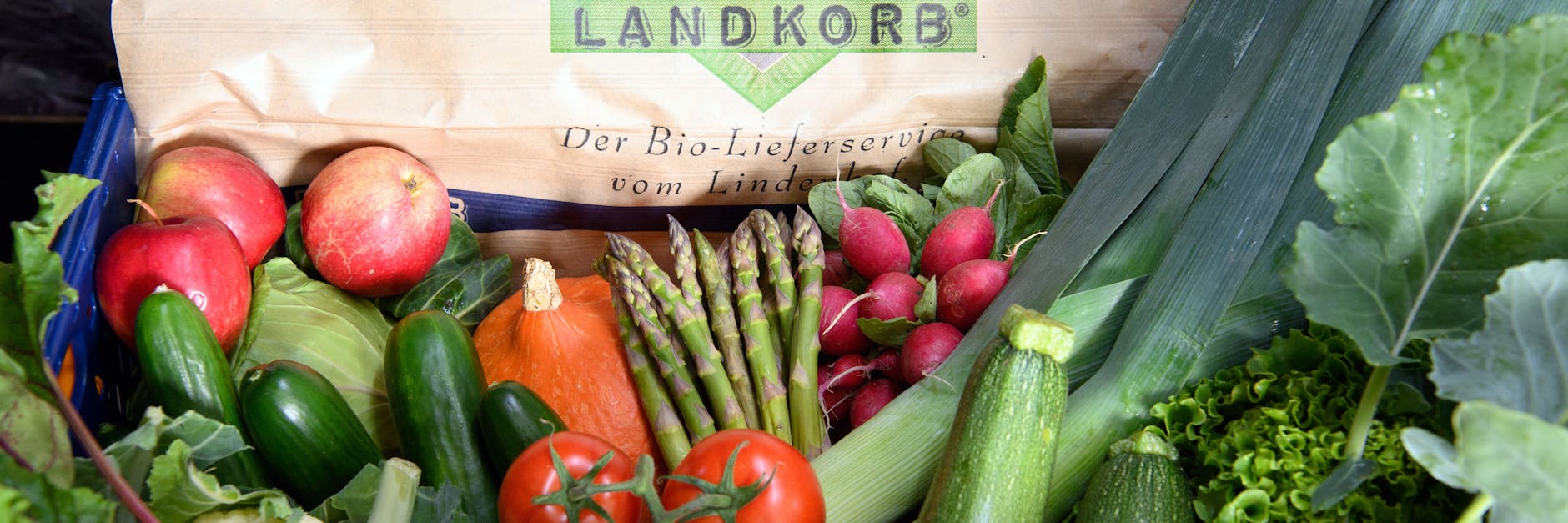 Eine mit Obst, Gemüse und Kräutern gefüllte Kiste des Bio-Lieferservice „Landkorb“.
