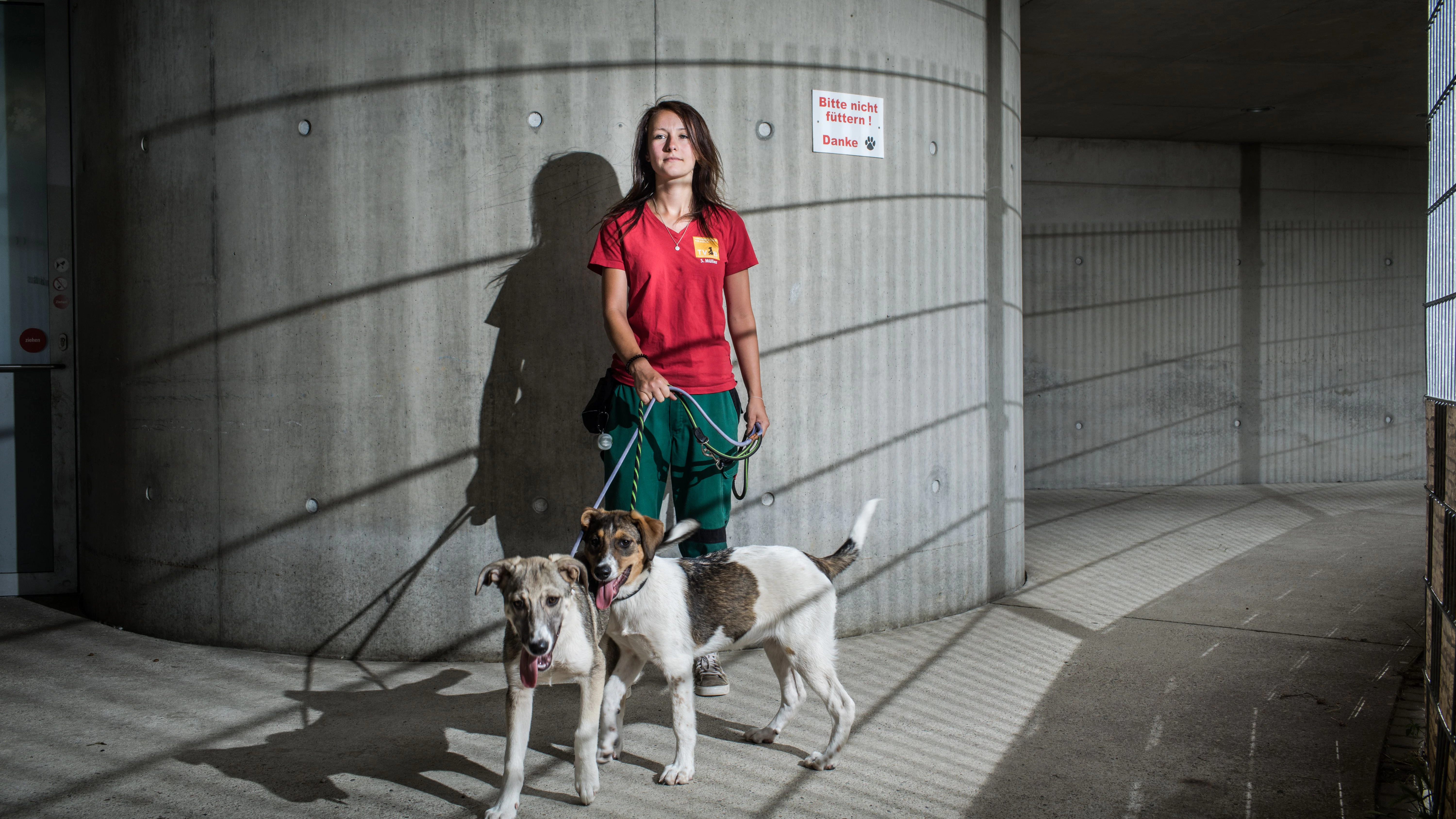 Tierpflegerin Sophie Müller mit Akela und Pocahontas im Tierheim Berlin