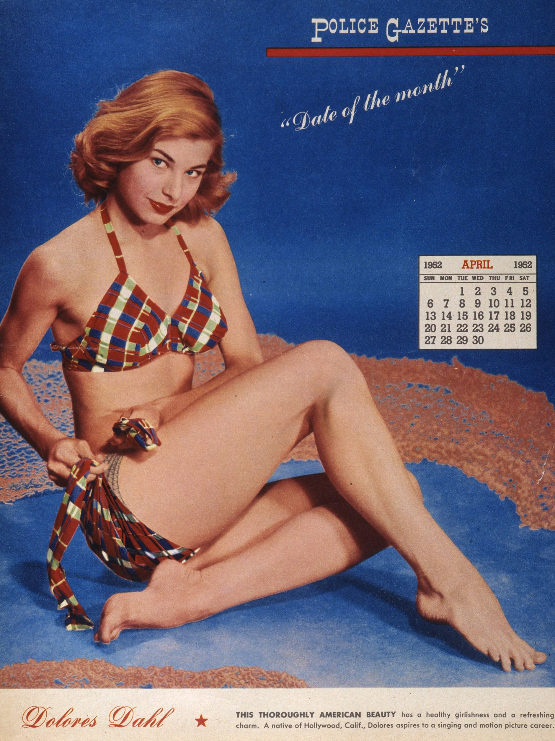 O<a href="https://de.pons.com/%C3%BCbersetzung/franz%C3%B6sisch-deutsch/oh">h</a> <a href="https://de.pons.com/%C3%BCbersetzung/franz%C3%B6sisch-deutsch/l%C3%A0">là</a> <a href="https://de.pons.com/%C3%BCbersetzung/franz%C3%B6sisch-deutsch/l%C3%A0">là</a>! Eine junge Frau im Bikini hat als Motiv in einem&nbsp;Kalender, den Calendrier de la National Police Gazette, aus dem Jahr 1952, Platz gefunden.&nbsp;