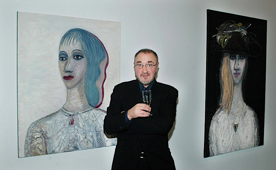 Ein Prosit auf die Malerei: Strawalde vor Frauenporträts bei der Vernissage seiner großen Retrospektive 2006 im Marie-Elisabeth-Lueders-Haus des Bundestags