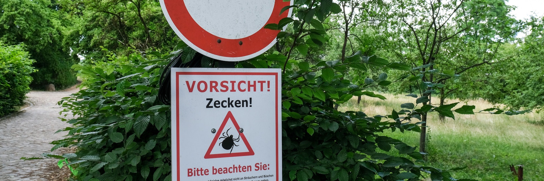 „Vorsicht! Zecken!“ steht auf einem Warnschild im Biosphärenreservat Schorfheide-Chorin.