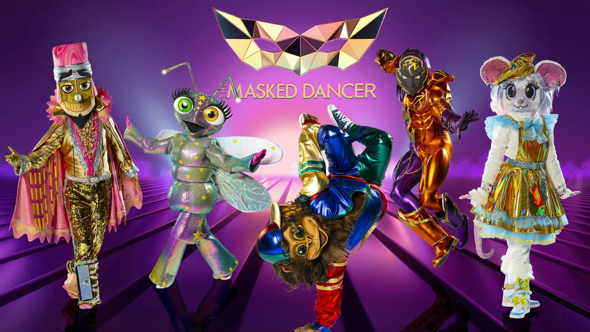 Die bekannten Masken bei „The Masked Dancer“ : Der Buntstift, das Glühwürmchen, der Affe, Maximum Power und die Maus (v.l.)