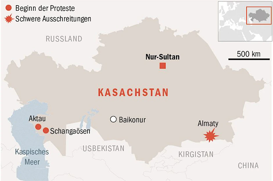 Unruhen in Kasachstan, Grafik: Isabella V. Galanty