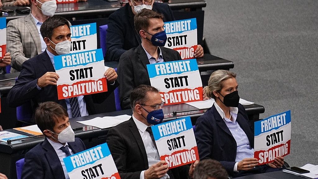 AfD-Abgeordnete halten Plakate mit der Aufschrift „Freiheit statt Spaltung“ hoch.