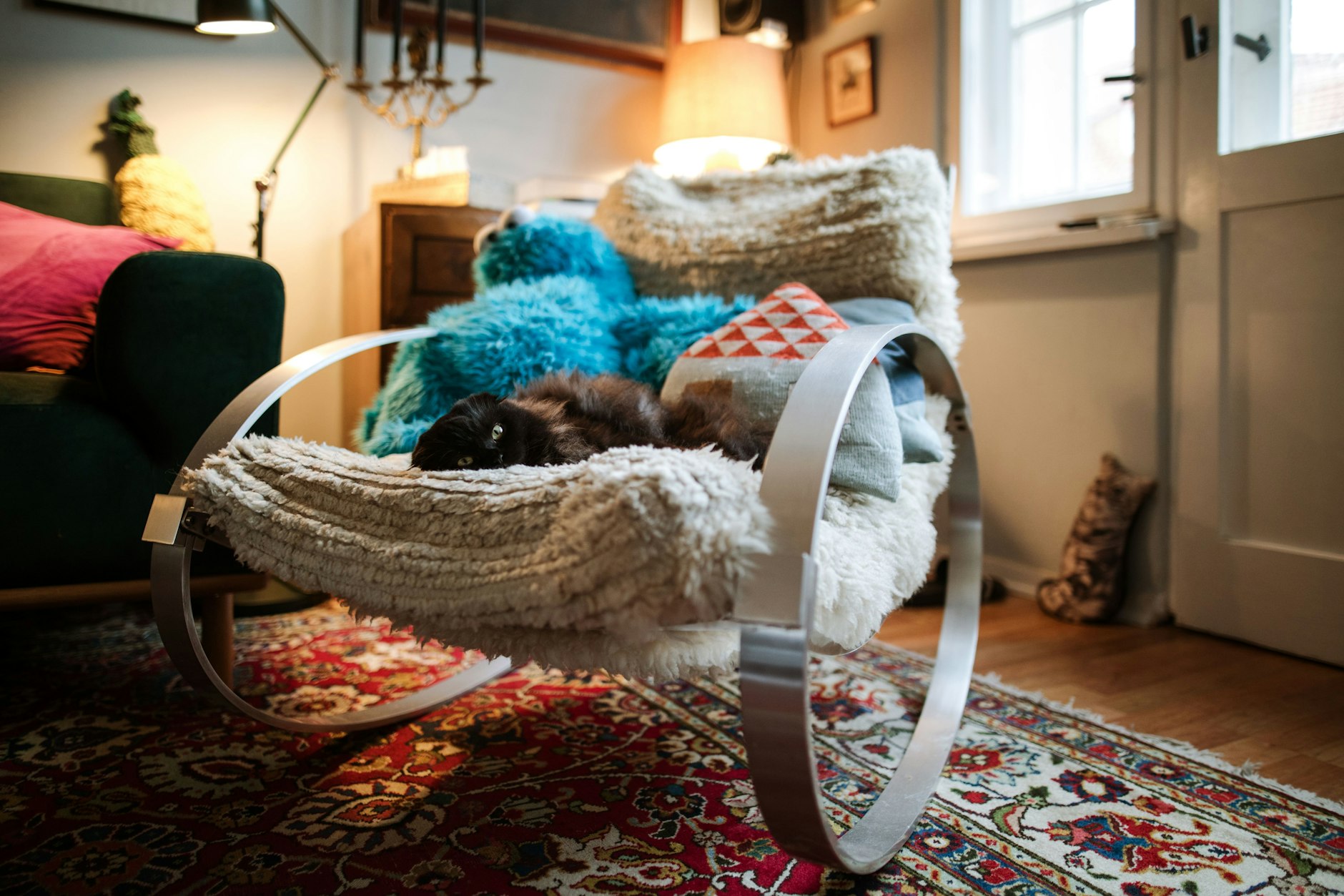 Krümelmonster und Katze teilen sich bei Familie Weis gerne mal den Schaukelstuhl im Wohnzimmer.