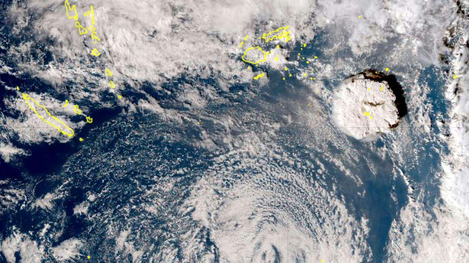 Das Satellitenbild zeigt den Ausbruch des Untersee-Vulkans Hunga-Tonga-Hunga-Ha'apai nahe dem Inselreich Tonga.