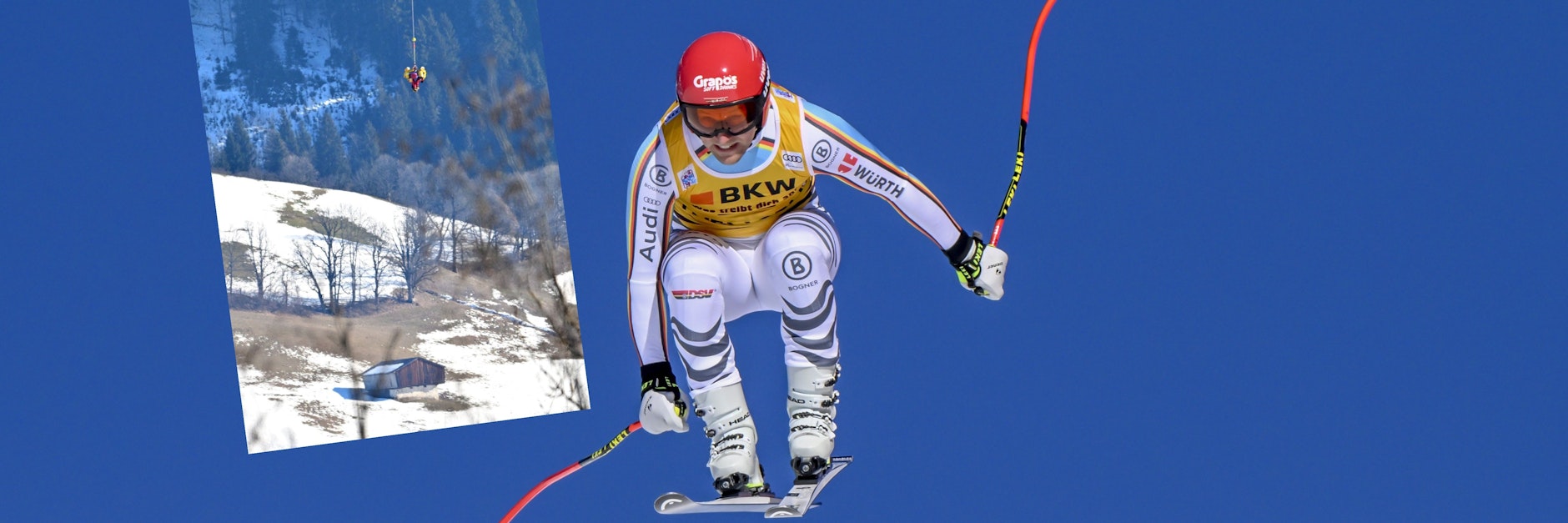 Ski-Rennfahrer Josef Ferstl stürzte auf der Streif in Kitzbühel beim Abfahrtstraining und musste mit dem Helikopter (kl. Foto) abtransportiert werden. 