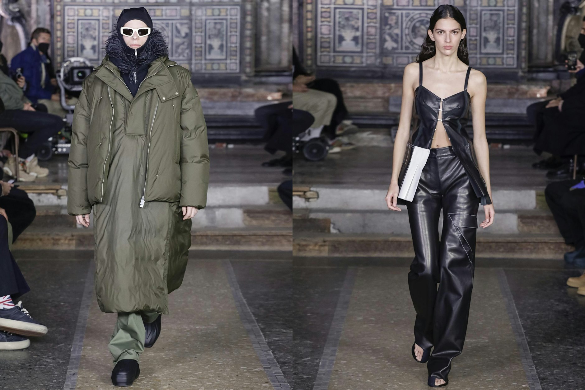 Gerüstet für eine düstere Zukunft: er im militärgrünen Bomber-Dress, sie in robustem Leder.