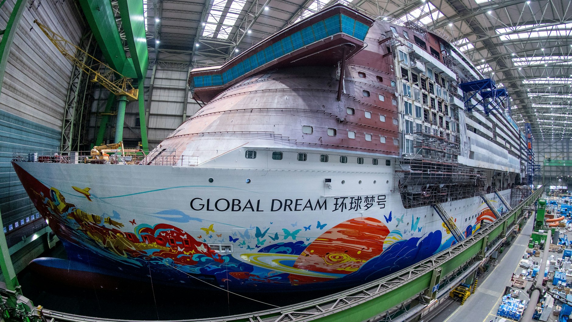 Schiffbauhalle der MV Werften: Ob das 342 Meter lange Kreuzfahrtschiff „Global Dream“&nbsp;fertiggebaut wird, ist fraglich. Die MV Werften haben Insolvenz angemeldet.&nbsp;&nbsp;
