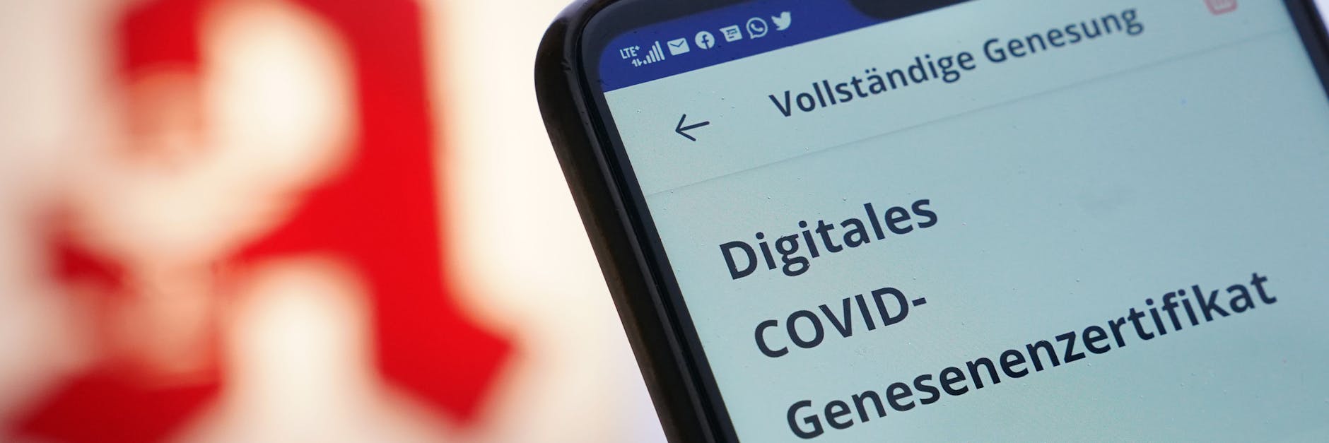 Ein Mann hält sein Smartphone mit einem digitalen Covid-Genesenenzertifikat vor einem Apotheken-Logo hoch.
