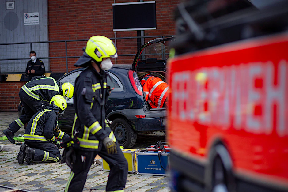 Feuerwehrleute untersuchen in Berlin einen Unfallwagen (Symbolbild).