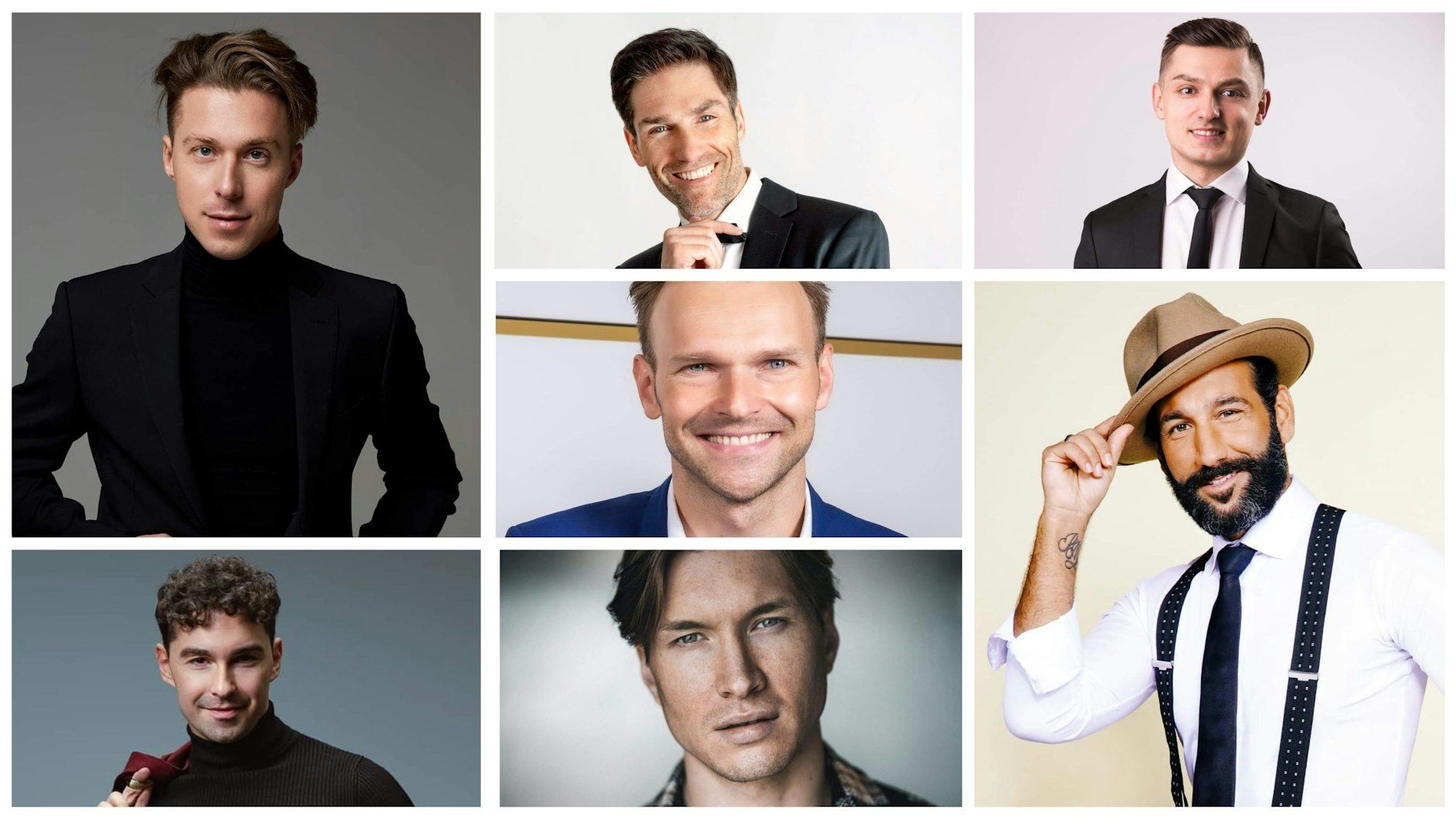 Valentin Lusin (o. v. l.),Christian Polanc, Zsolt Sándor Cseke, Vadim Garbuzov (Mitte) sowie Andrzej Cibis (u. v. l.), Evgeny Vinokurov und Massimo Sinató tanzen als Profis bei „Let’s Dance“.