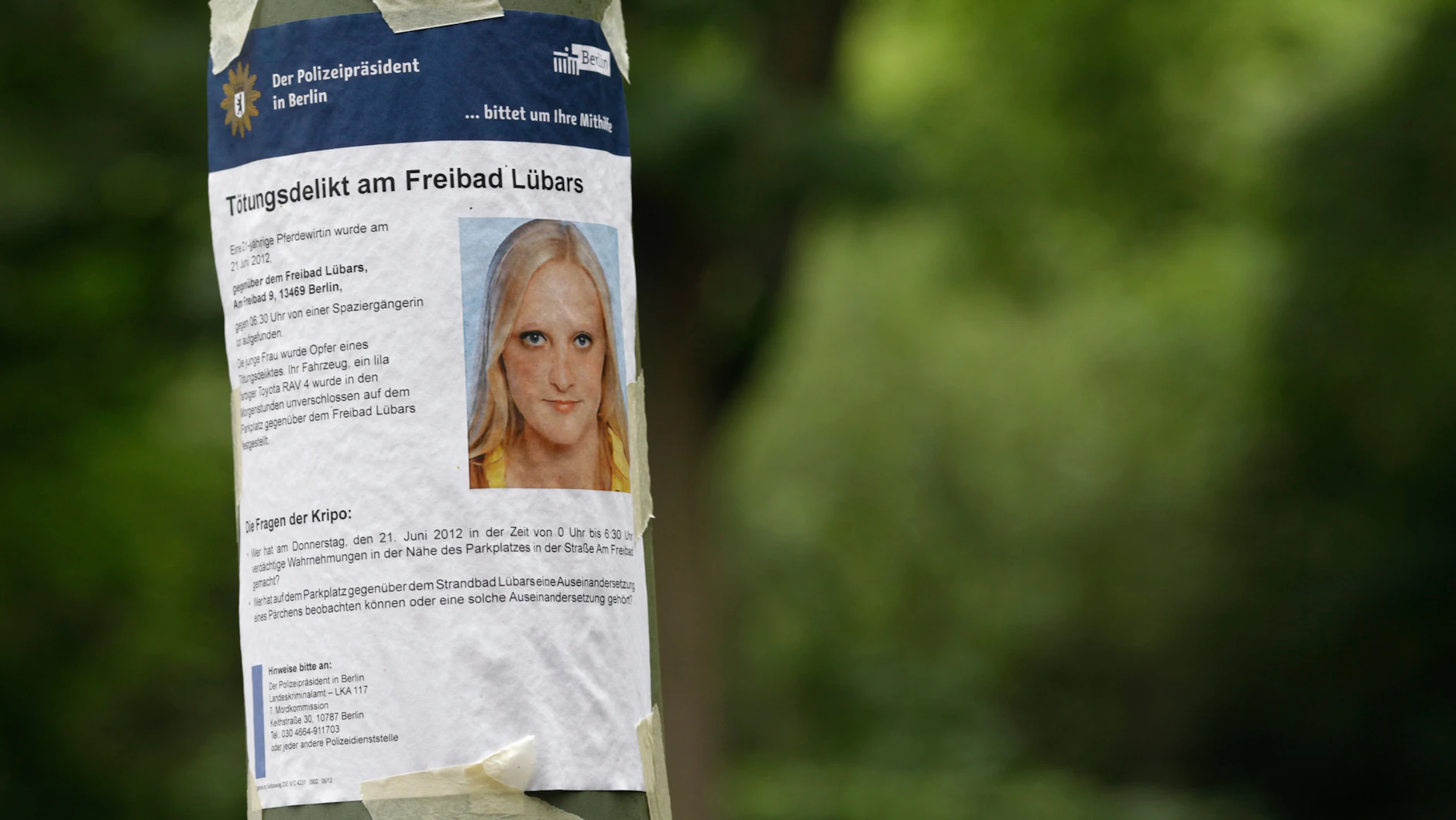 Eine Vermisstenanzeige zum Tötungsdelikt im Freibad Lübars