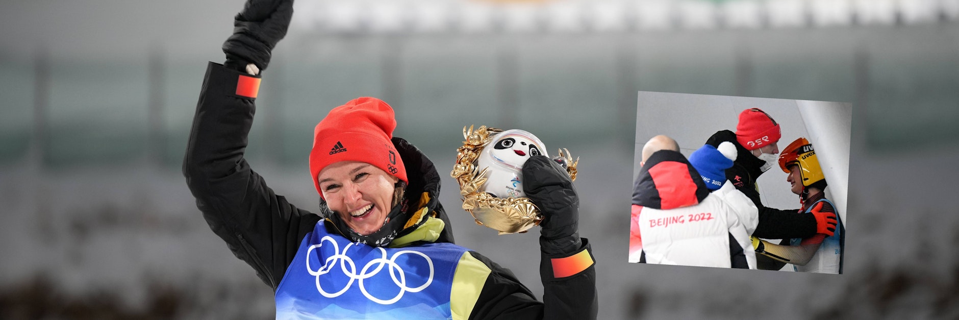 Biathletin Denise Herrmann jubelt über Olympia-Gold im Einzel über 15 km. Julia Taubitz stürzte dagegen, blieb zum Glück aber unverletzt.