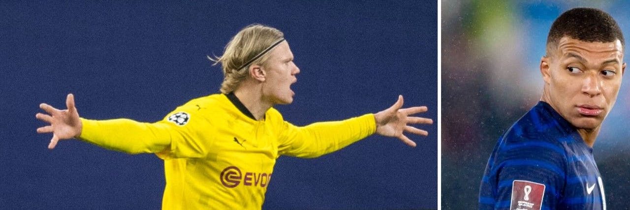 Folgt ein Superstar auf den Superstar: Dortmunds Stürmer Erling Haaland (l.) soll in Paris bei PSG auf Kylian Mbappé folgen, der bei Real Madrid auf der Liste steht.