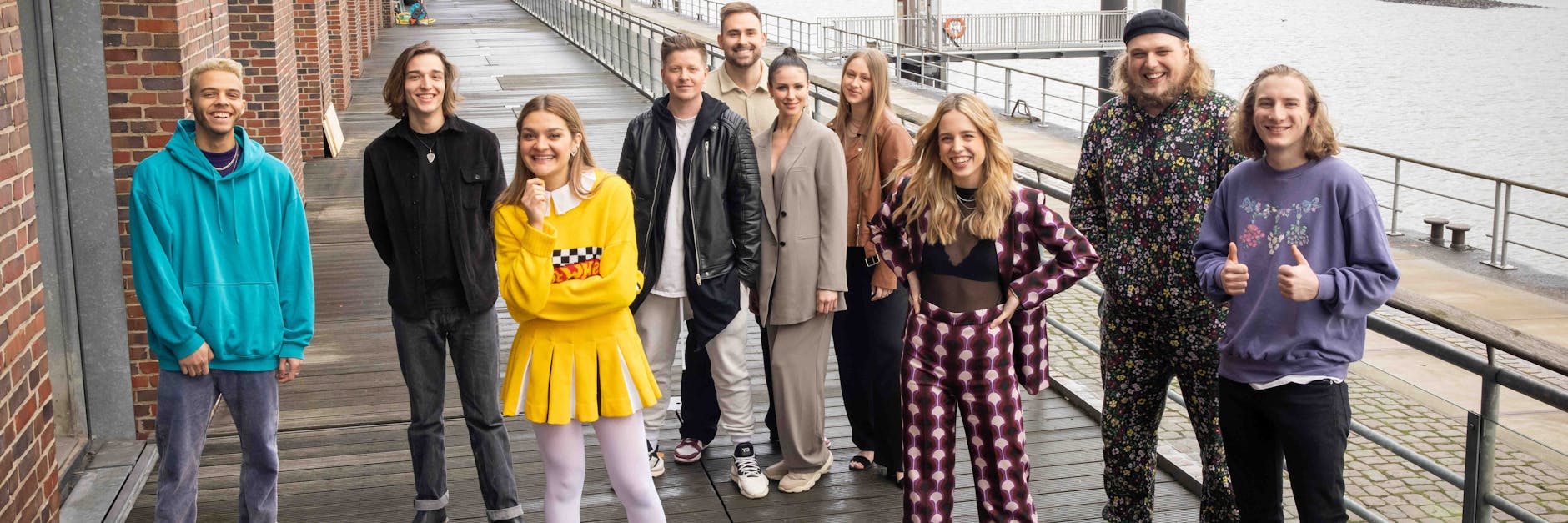 Die sechs Acts für den deutschen Vorentscheid zum ESC (v.l.): Malik Harris, Eros Atomus, Emily Roberts, Nico Suave & Team Liebe, Felicia Lu und Maël & Jonas.