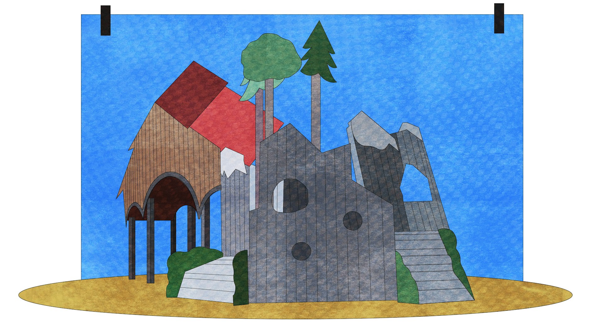 Eine Zeichnung des Kinderspielplatzes am Savignyplatz, Charlottenburg: Klein Lummerland