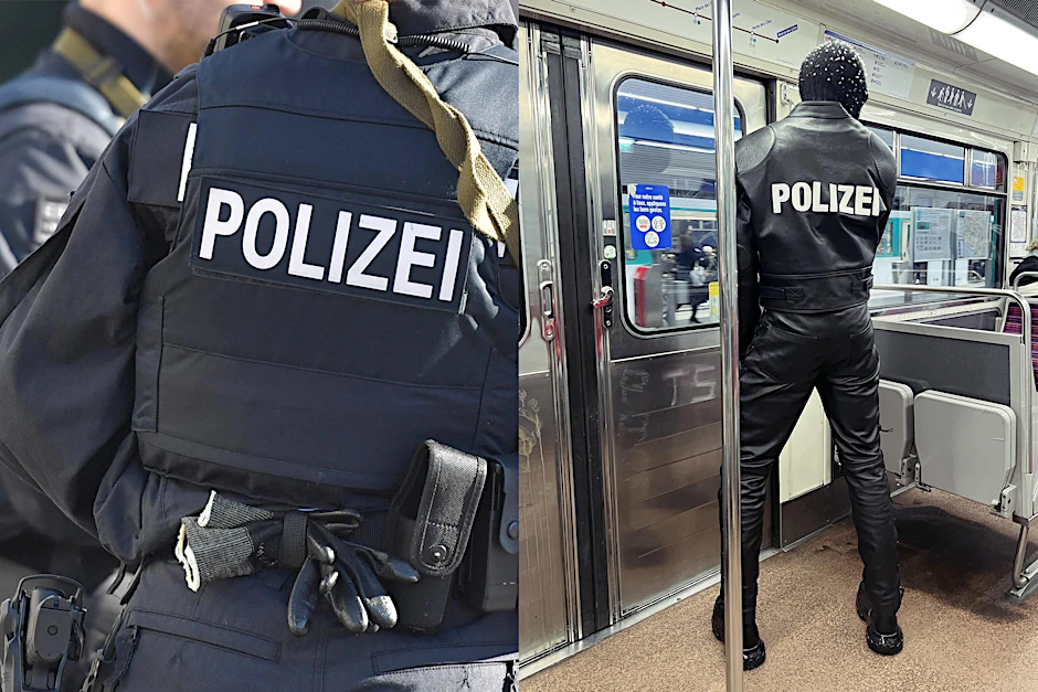 <em>Who wore it better: </em>&nbsp;links die echte Polizei in nachtblauer Schutzweste, rechts die Mode-Polizei im pechschwarzen Leder-Look von Vetements.