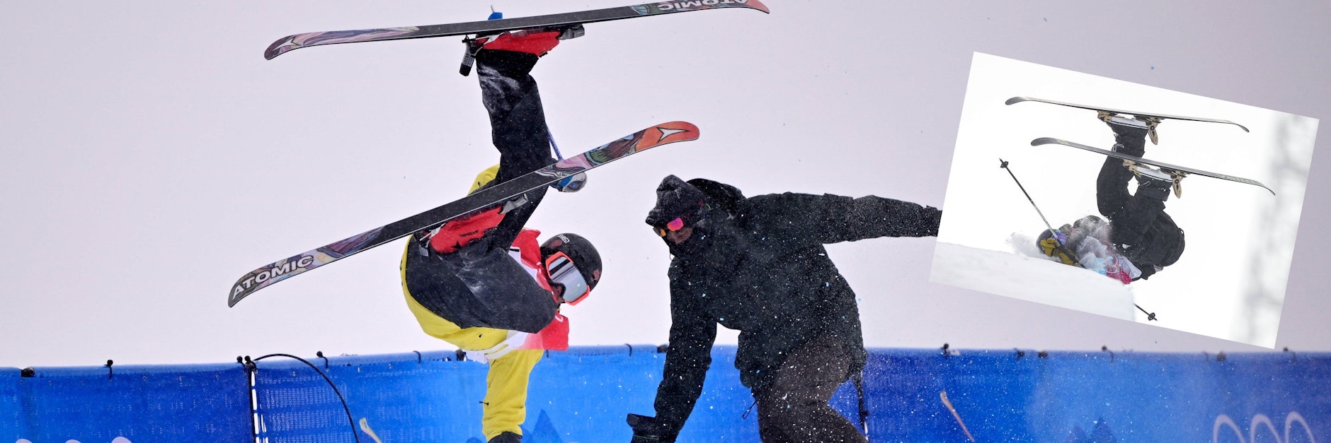 Freestyle-Skifahrer Jon Sallinen räumt in der Olmypia-Quali einen Kameramann ab, Ben Harrington (r.) stürzte wenig später in der Halfpipe schwer.