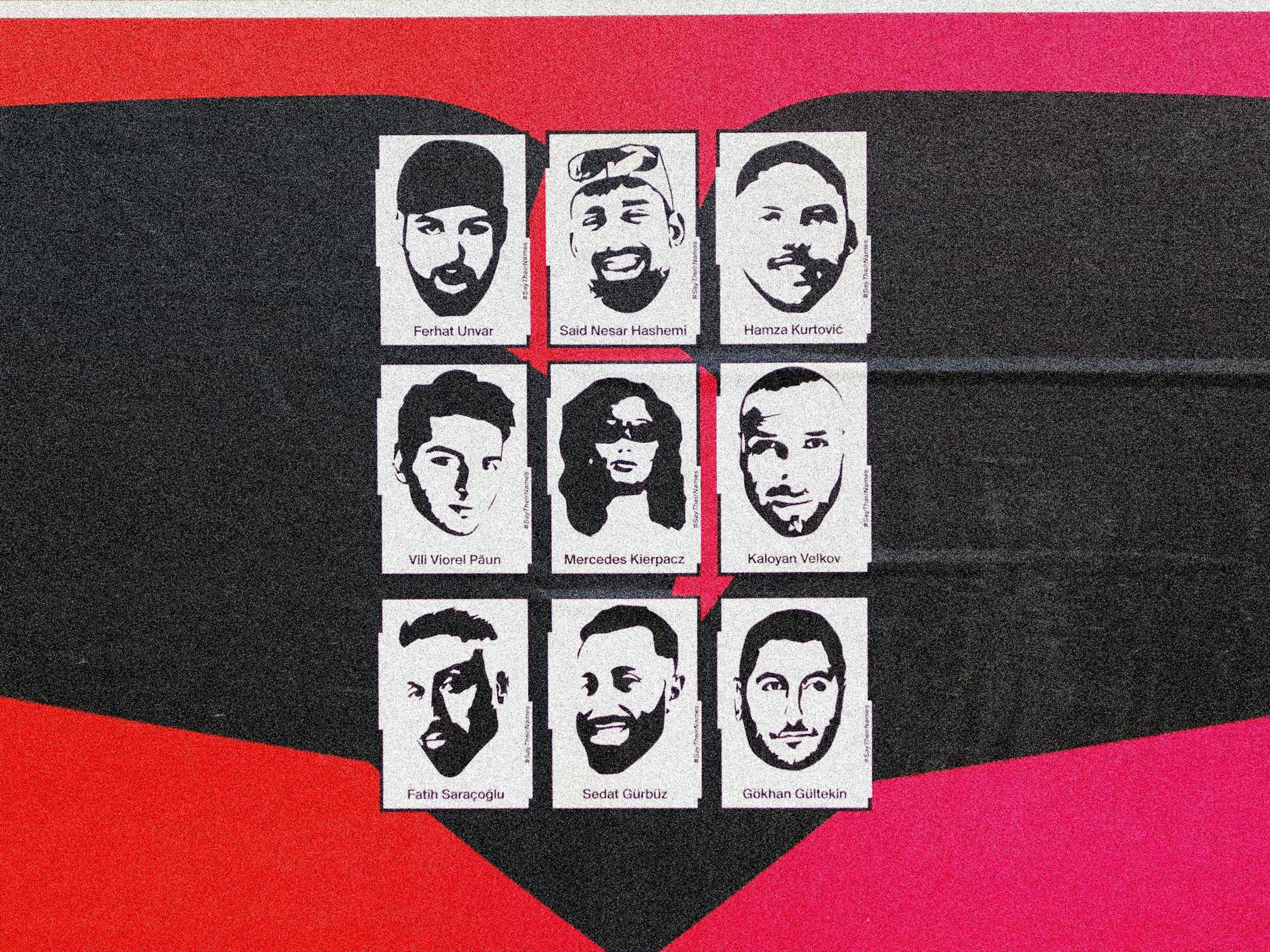 Plakat der „Initiative 19. Februar“ erinnern an die Opfer des rassistischen Attentats von Hanau vor zwei Jahren