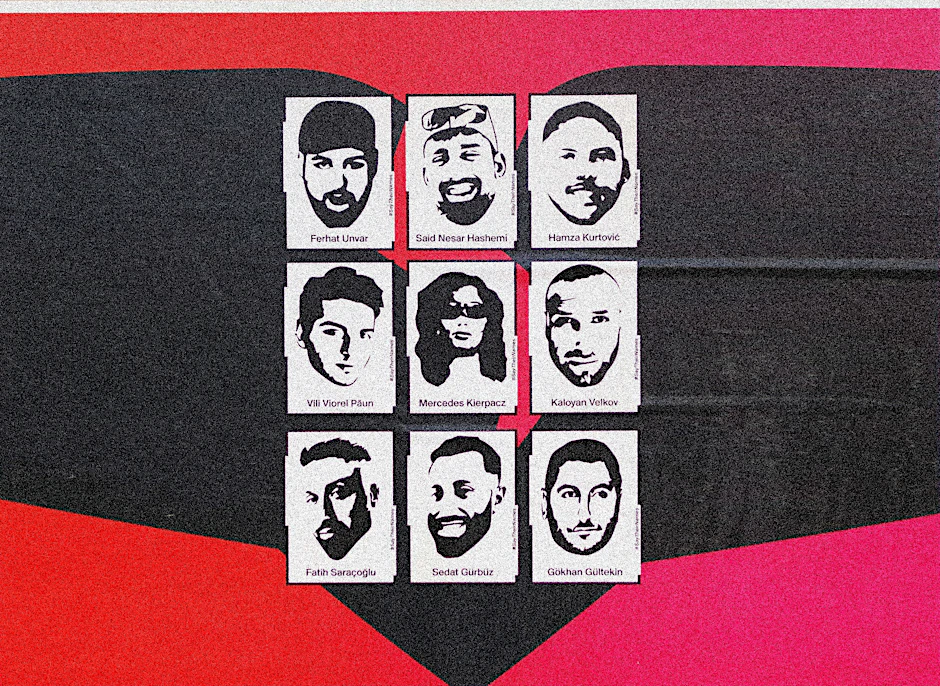 Plakat der „Initiative 19. Februar“ erinnern an die Opfer des rassistischen Attentats von Hanau vor zwei Jahren