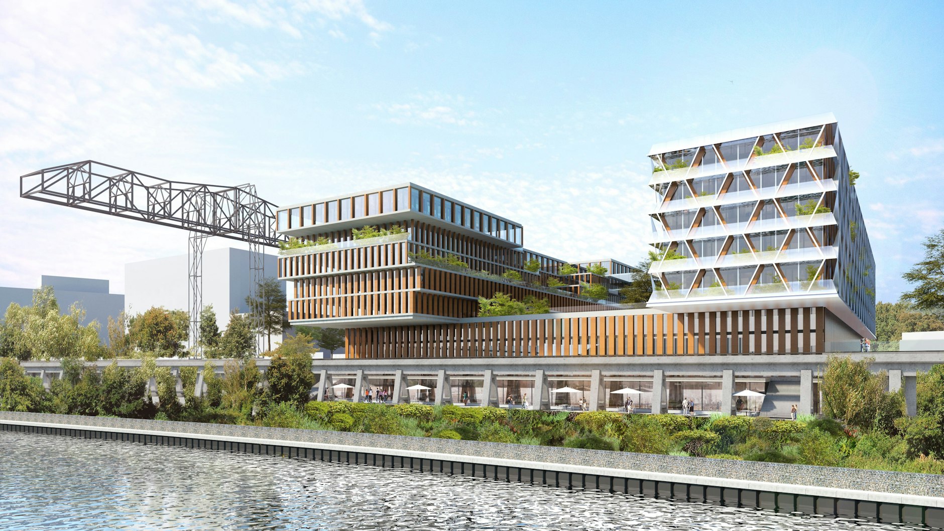 So soll er aussehen, der Campus. In zwei Jahren soll fertig sein. Links der Portalkran aus dem Jahr 1935.