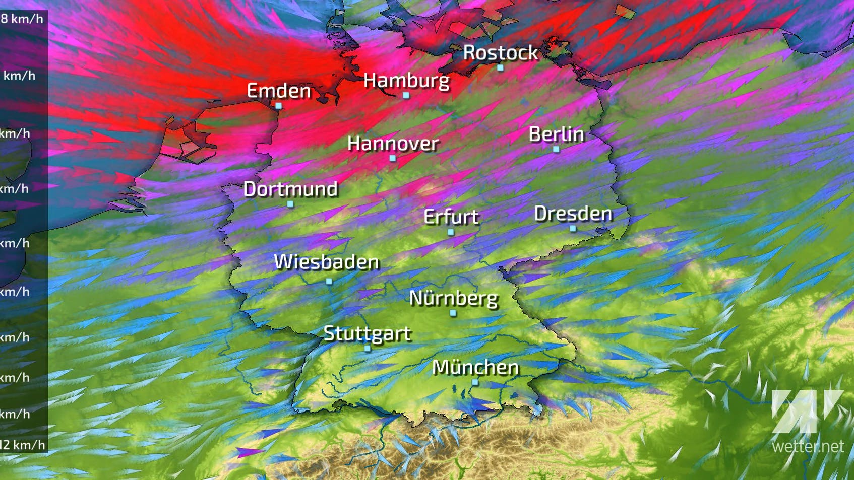 Lage des Sturmfelds von Orkan Zeynep gegen Mitternacht, in der Nacht auf Samstag!