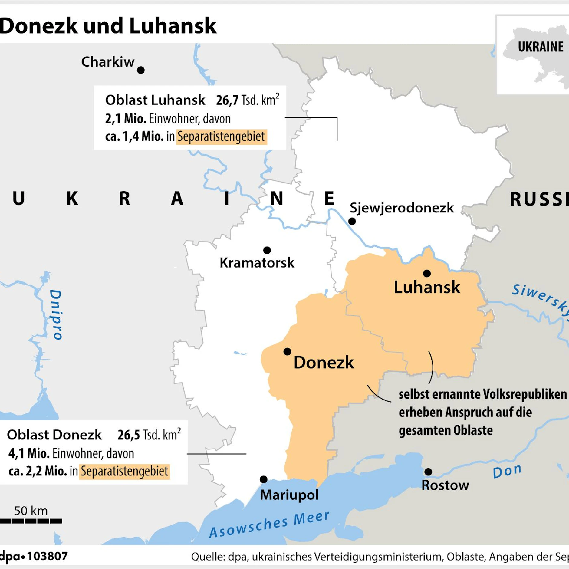 Die selbst ernannten Volksrepubliken Donezk und Luhansk werden nur zum Teil von prorussischen Separatisten kontrolliert.