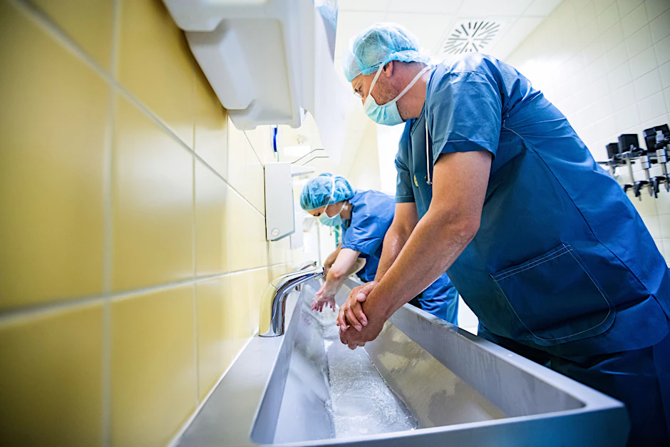 Pflegekräfte waschen sich in einem Krankenhaus gründlich die Hände.