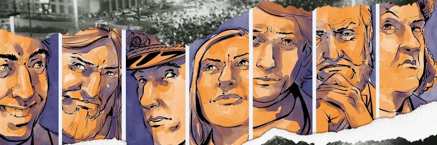 Das sind die Protagonisten in dem Computerspiel, ganz links der animierte Egon Krenz.