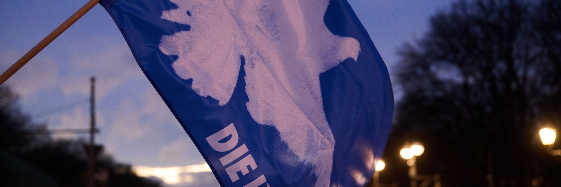 Eine Friedenstaube ist auf einer Fahne der Linken gedruckt, die ein Demonstrant hält.