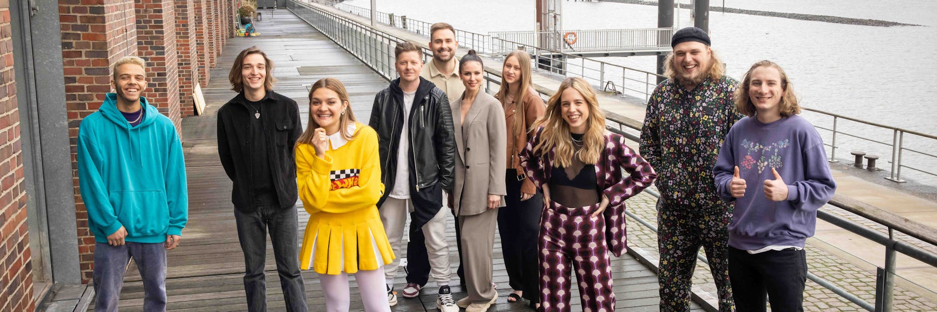 Die sechs Acts für den deutschen Vorentscheid zum Eurovision Song Contest (ESC) Malik Harris, Eros Atomus, Emily Roberts, Nico Suave & Team Liebe, Felicia Lu und Maël & Jonas (v. l. n. r.)