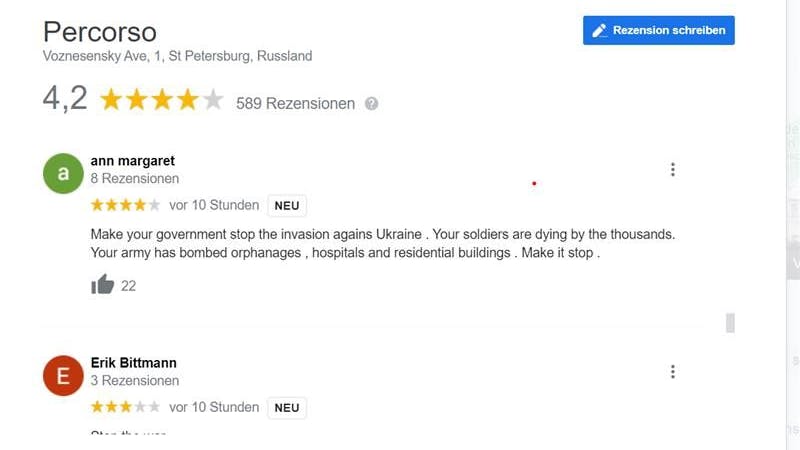 Bei Google Maps informieren Nutzer mit Hilfe der Rezensionsfunktion über den Krieg in der Ukraine.
