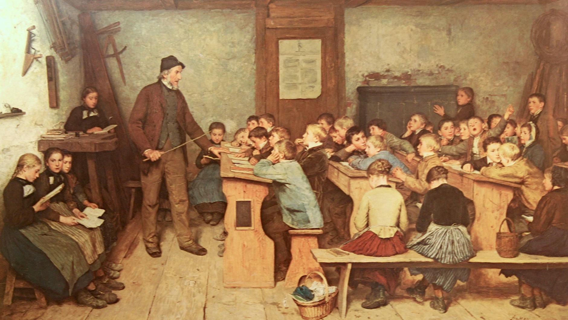 Das Gemälde „Die Dorfschule von 1848–1896“ von Albert Anker: Der Lehrer mit Stock spricht zu gelangweilten, lärmenden oder schwatzenden Jungen. Die Mädchen sitzen am Rande und lernen konzentriert.