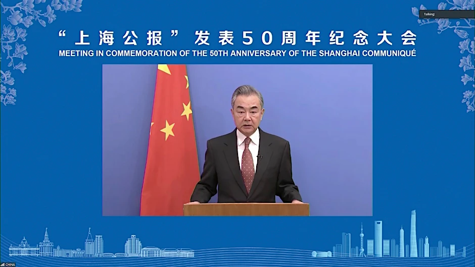 Der chinesische Außenminister Wang Yi während einer Video-Botschaft am 28. Februar.