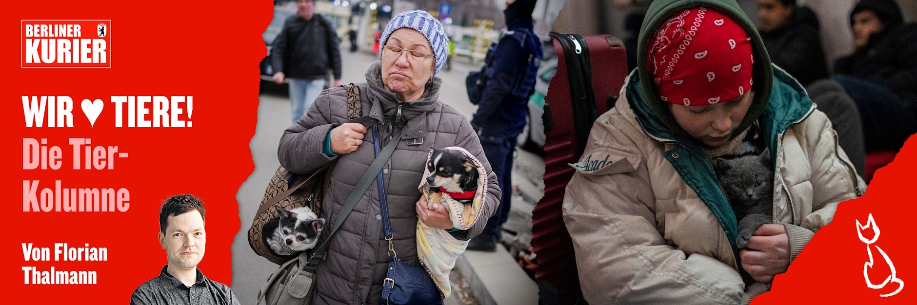 Auch diese Bilder gehören zum Krieg. Links: Eine Frau kommt aus der Ukraine über die polnische Grenze, hat ihre Hunde dabei. Rechts: Eine junge Frau wartet am Bahnhof von Lwiw auf einen Zug, ihre Katze in der Jacke versteckt.