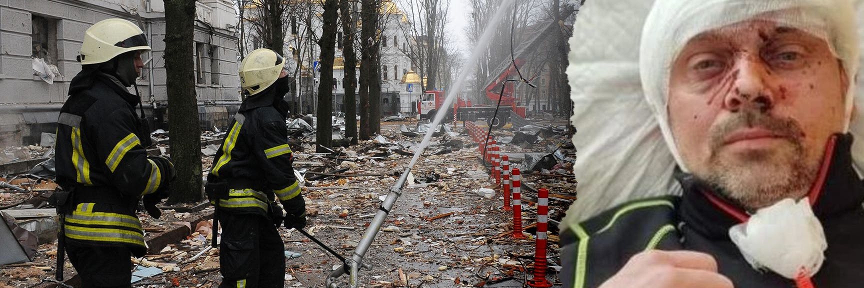 Feuerwehrmann Steve Meiling sitzt momentan verletzt in der Ukraine fest. Links: Feuerwehrleute löschen ein Gebäude des ukrainischen Sicherheitsdienstes (SBU) nach einem Raketenangriff in Charkiw.