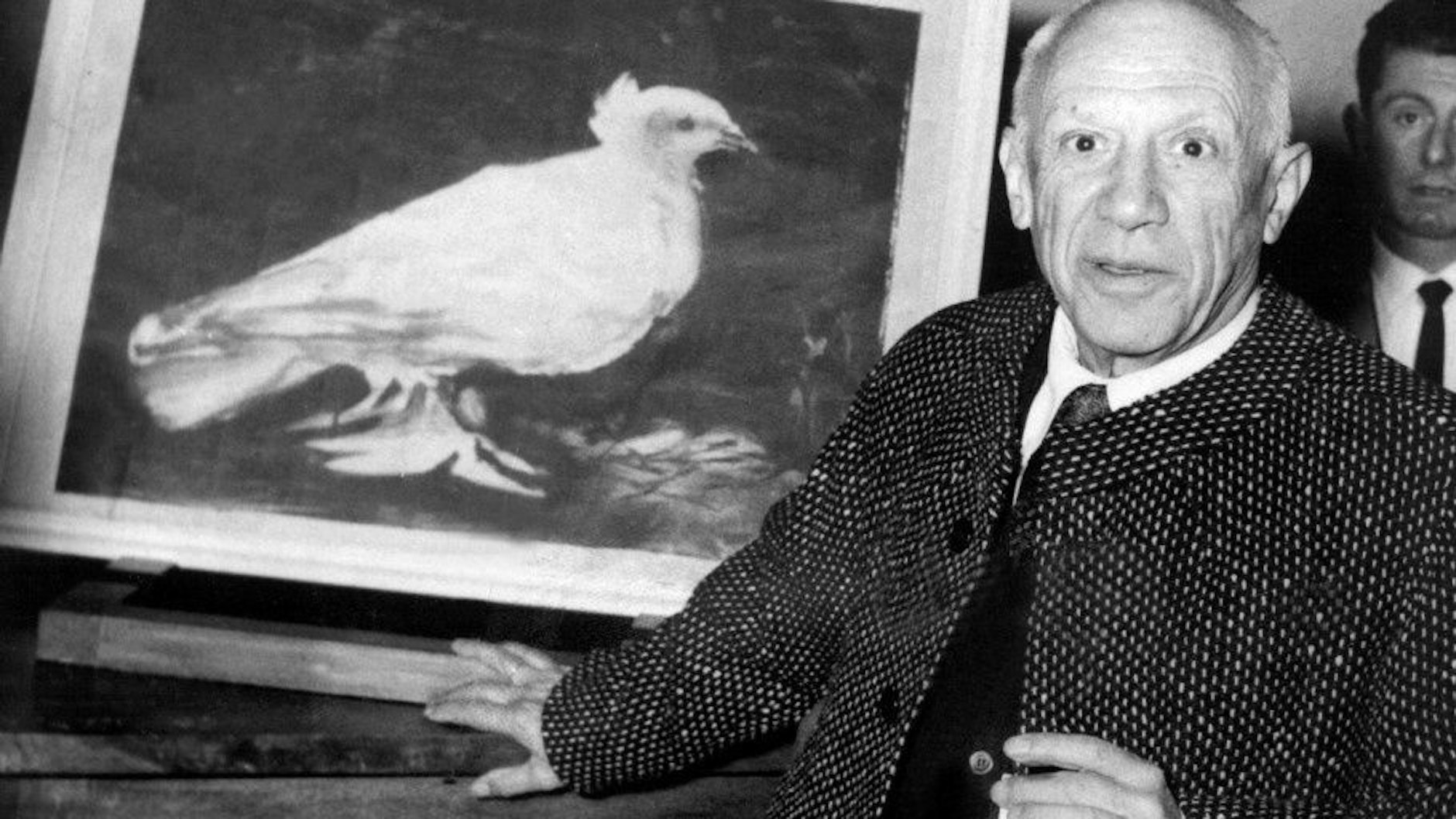 Pablo Picasso steht am 1957 neben seinem Bild der Friedenstaube im Grimaldi-Museum von Antibes.