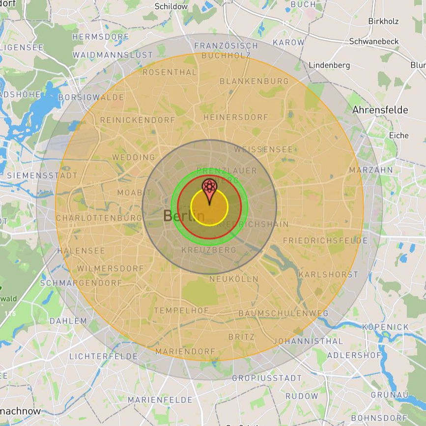 Der Simulator „Nukemap“ zeigt die Auswirkungen einer Atombombenexplosion.