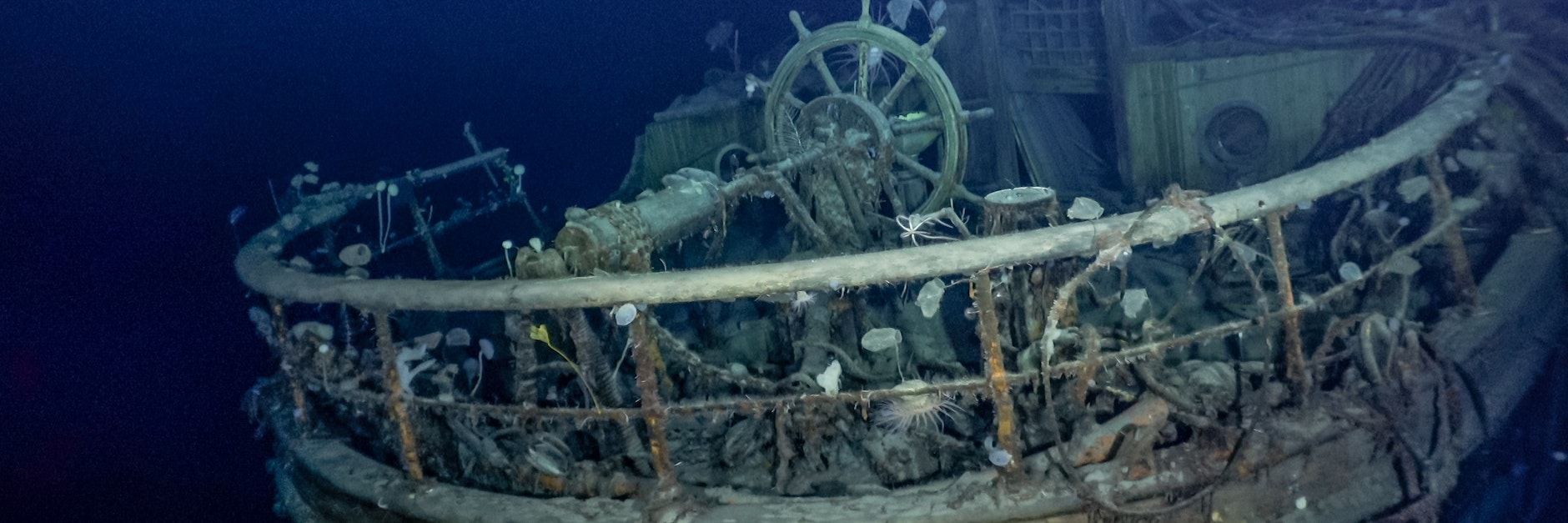 Das Bild zeigt Reling, Steuerrad und Achterdeck des Schiffwracks „Endurance“.