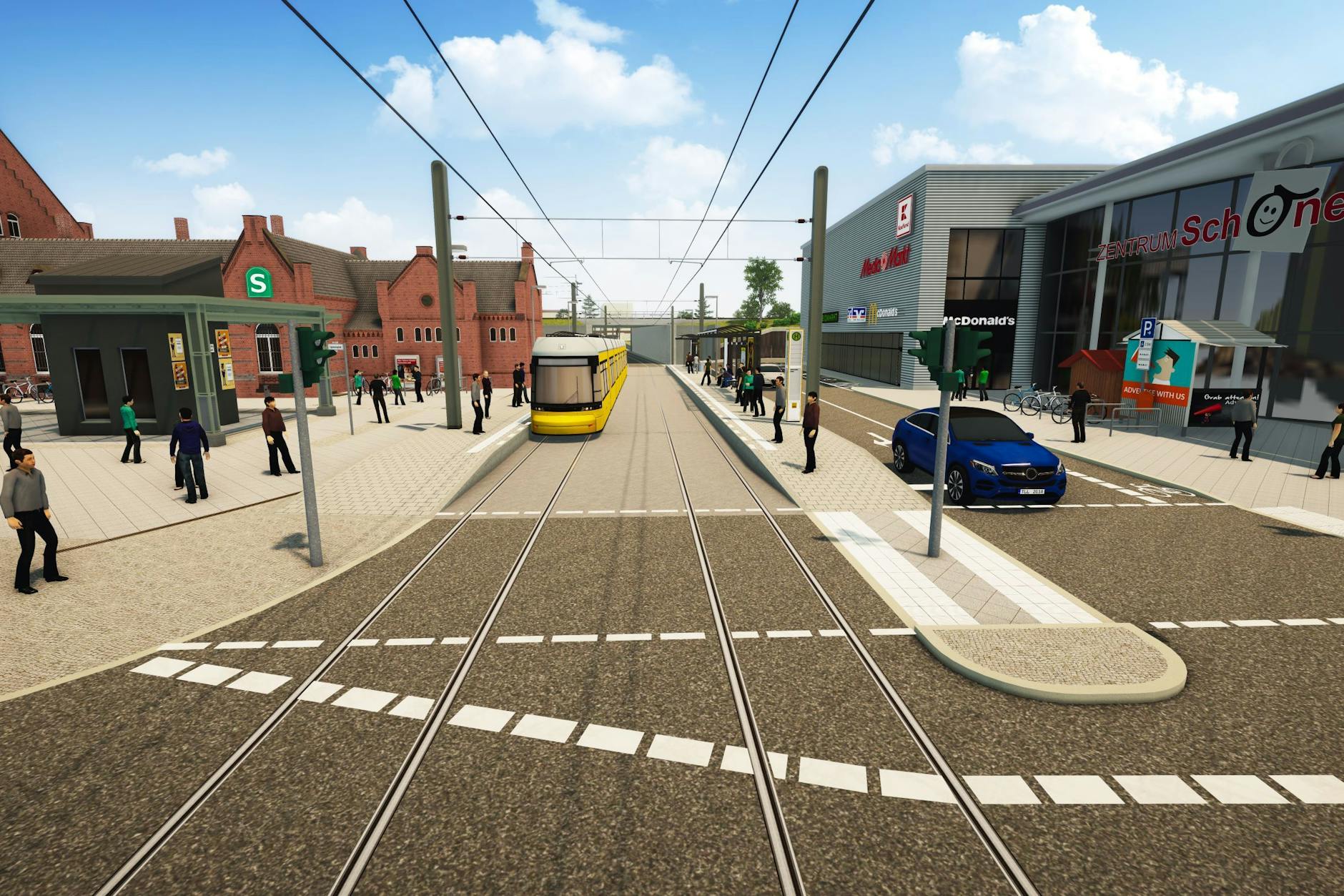 Ein anderes Projekt in Schöneweide: Die Straßenbahnstrecke in Richtung Johannisthal verläuft künftig anders. Das Doppelgleis wird zwischen dem Bahnhofsgebäude und dem Einkaufszentrum den Bahndamm unterqueren.