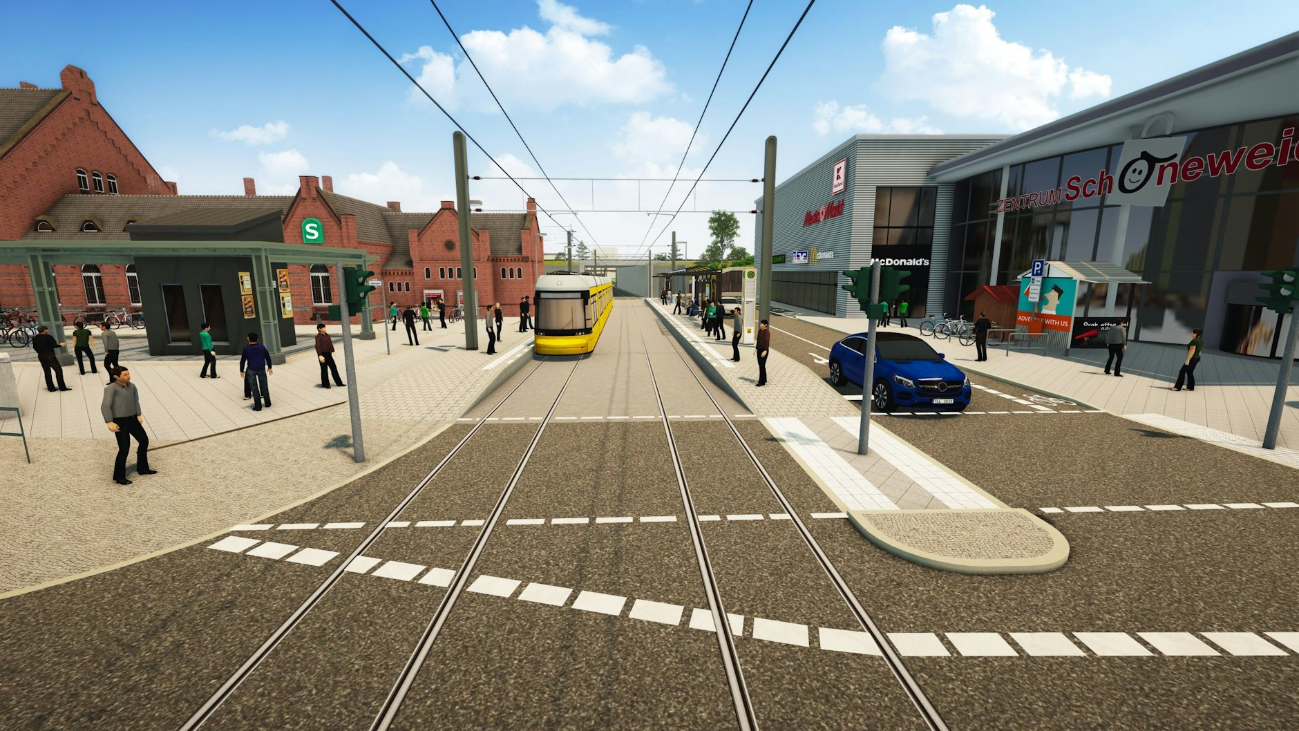 Mittendurch statt links vorbei. Künftig halten die Straßenbahnen der Linien M17, 21, 37, 60 und 67 zwischen dem Empfangsgebäude des Bahnhofs Schöneweide und dem Einkaufszentrum.