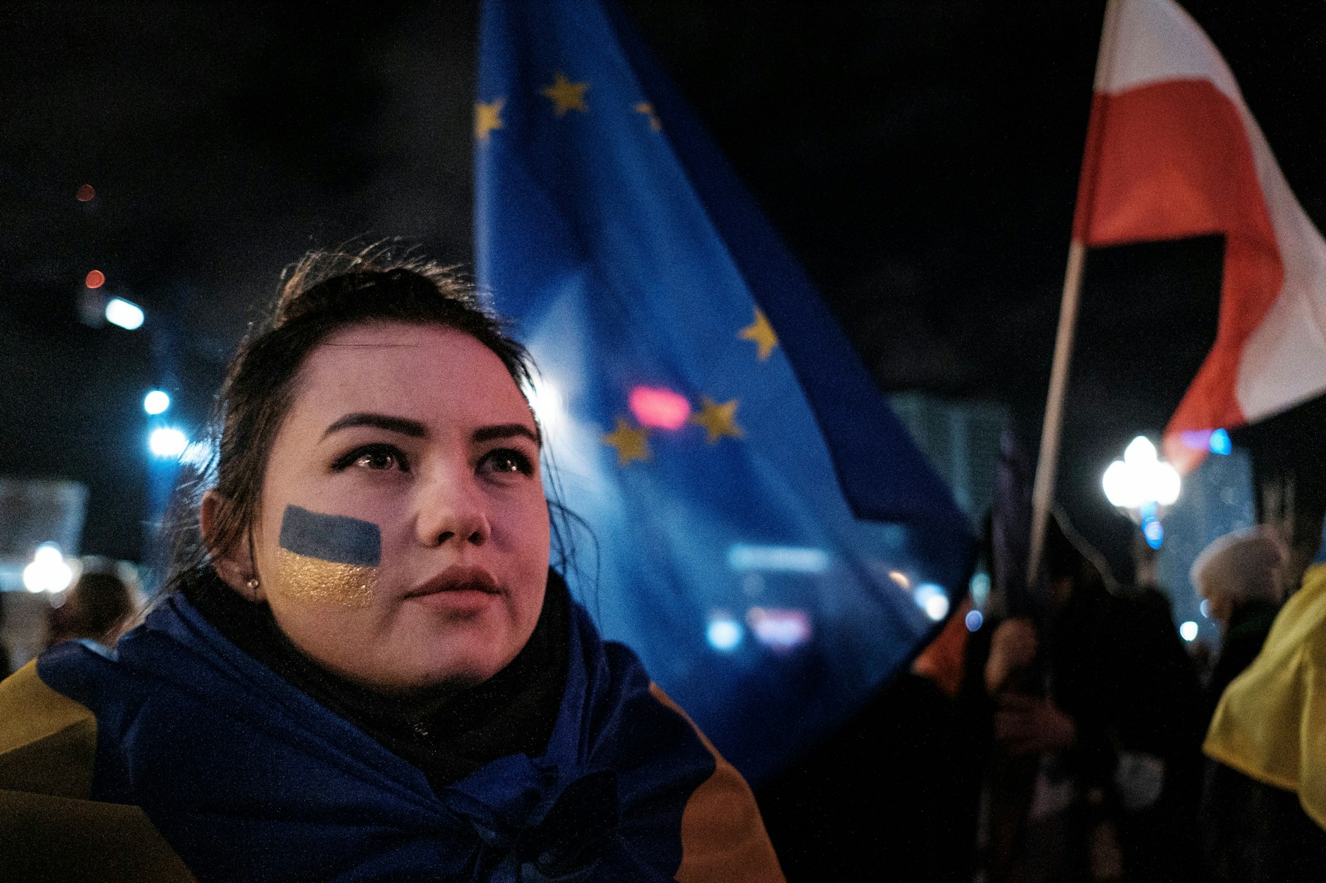 Ein Solidaritätsprotest in Warschau für die Ukraine