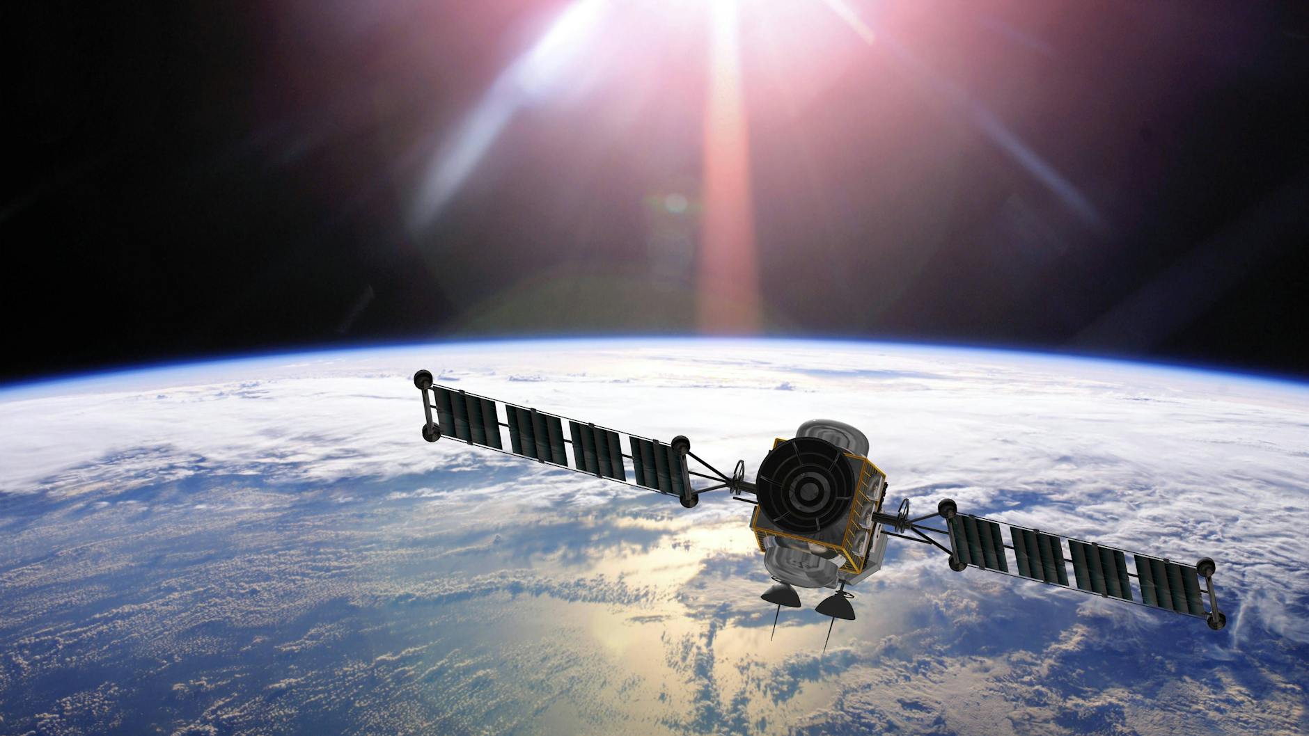 3D-Darstellung eines geostationären Orbitsatelliten über der Erde