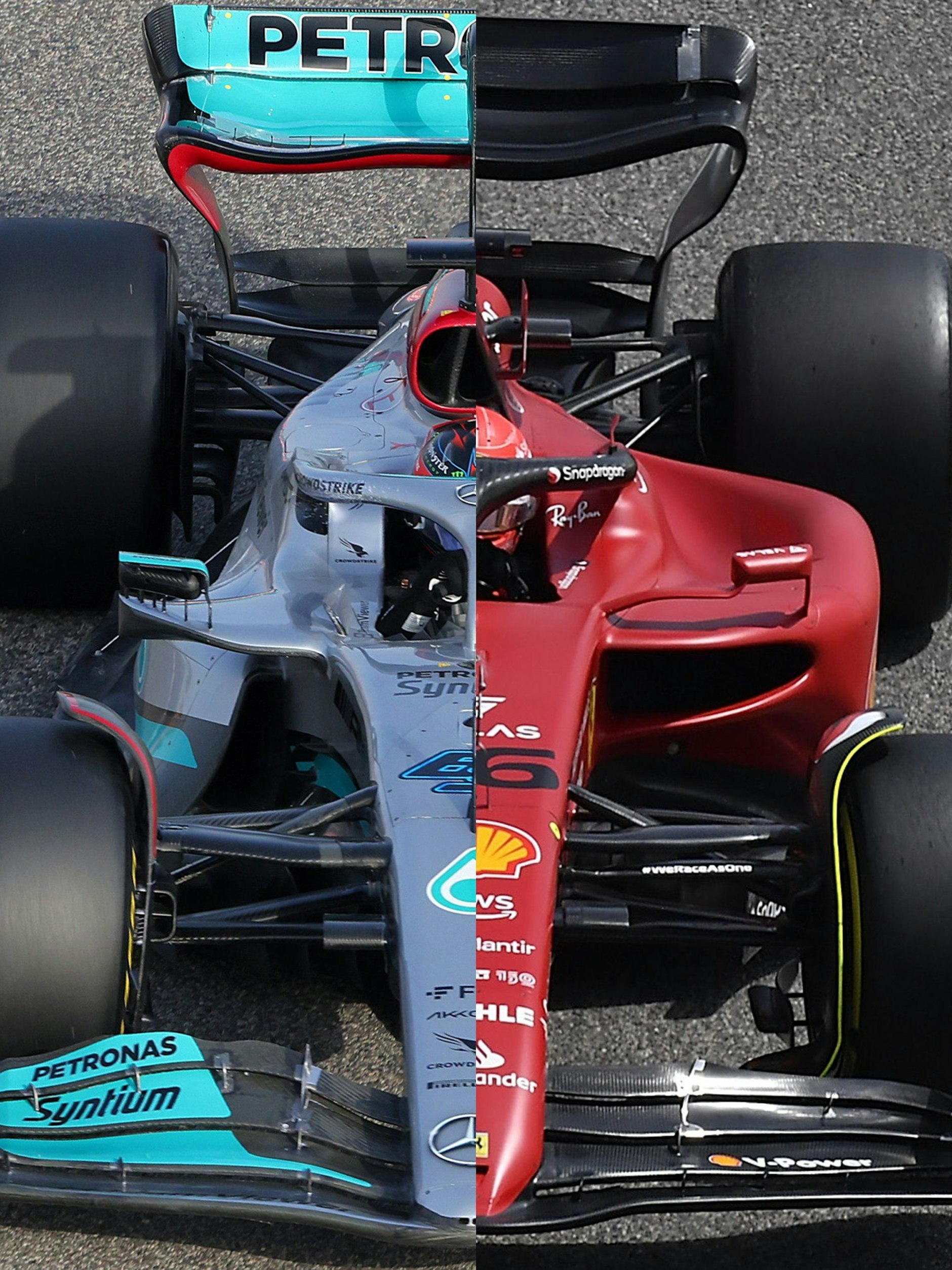 Beim direkten Vergleich sieht man, wie schlank der Mercedes W13 gegenüber dem Ferrari F1-75 ist.