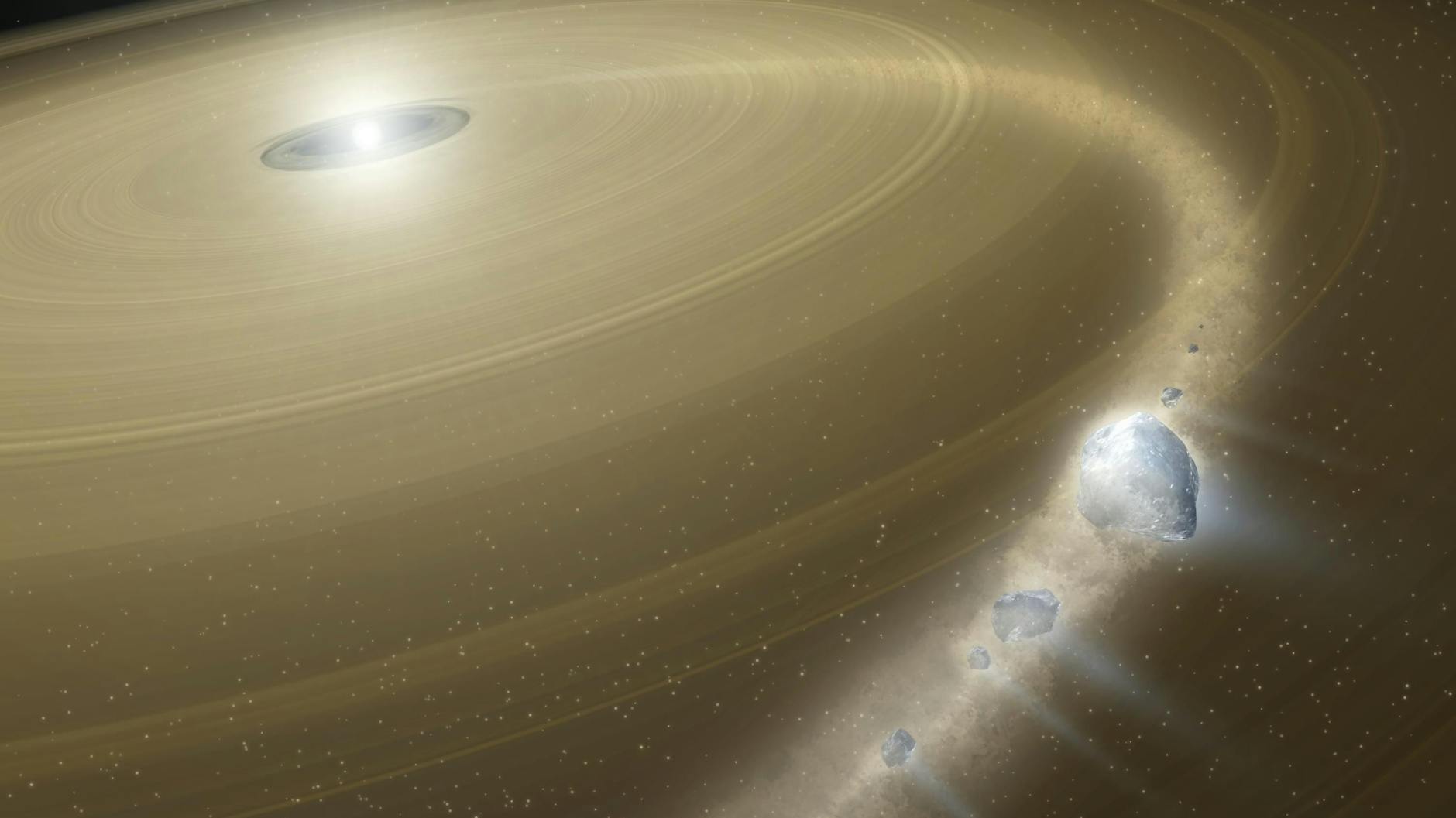 Blick in die Zukunft des Sonnensystems: Trümmerscheibe aus Planeten, Asteroiden und Kometen rund um einen sterbenden Stern, 44 Lichtjahre von der Erde entfernt.