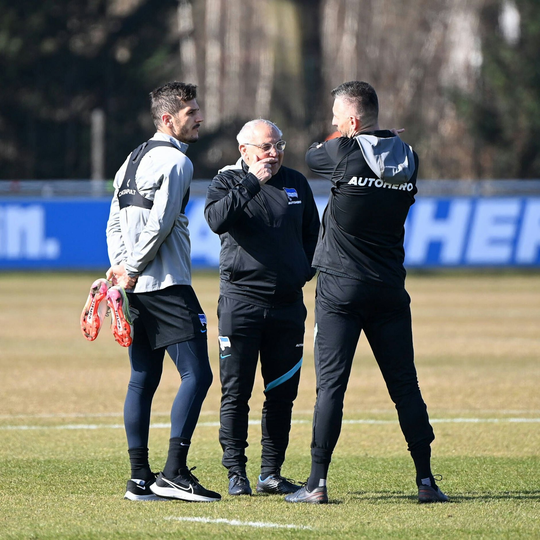 Magath unterhält sich mit Stürmer Jovetic (l.). Offensivtrainer Ibisevic dolmetscht zwischen den beiden.