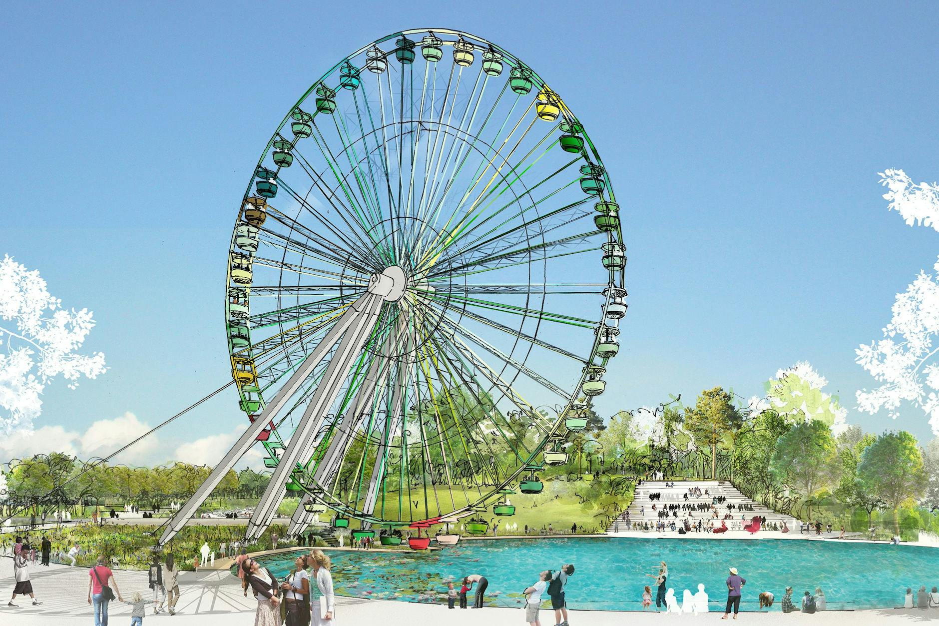 Ein kleiner See, über dem das historische Riesenrad seine Kreise dreht: So soll in Zukunft das Herz des Berliner Spreeparks aussehen.