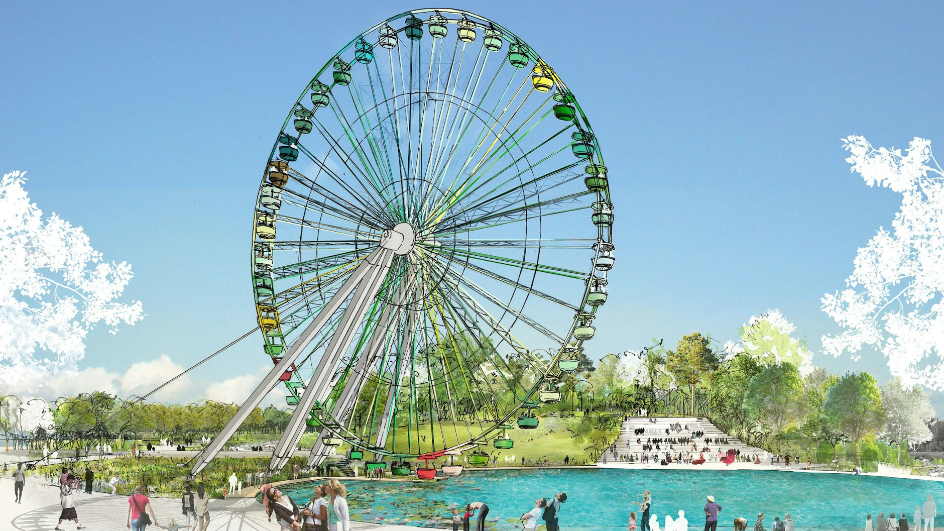 Ein kleiner See, über dem das historische Riesenrad seine Kreise dreht: So soll in Zukunft das Herz des Berliner Spreeparks aussehen.
