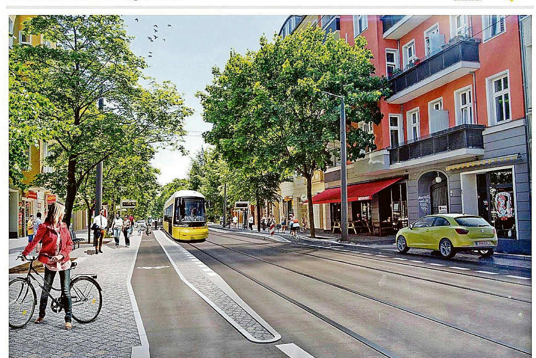 Die Visualisierung zeigt, wie die geplante Straßenbahnstrecke zum Ostkreuz in der Sonntagstraße verlaufen soll. Anwohner lehnen das Projekt ab, sie fürchten Lärm und Erschütterungen.